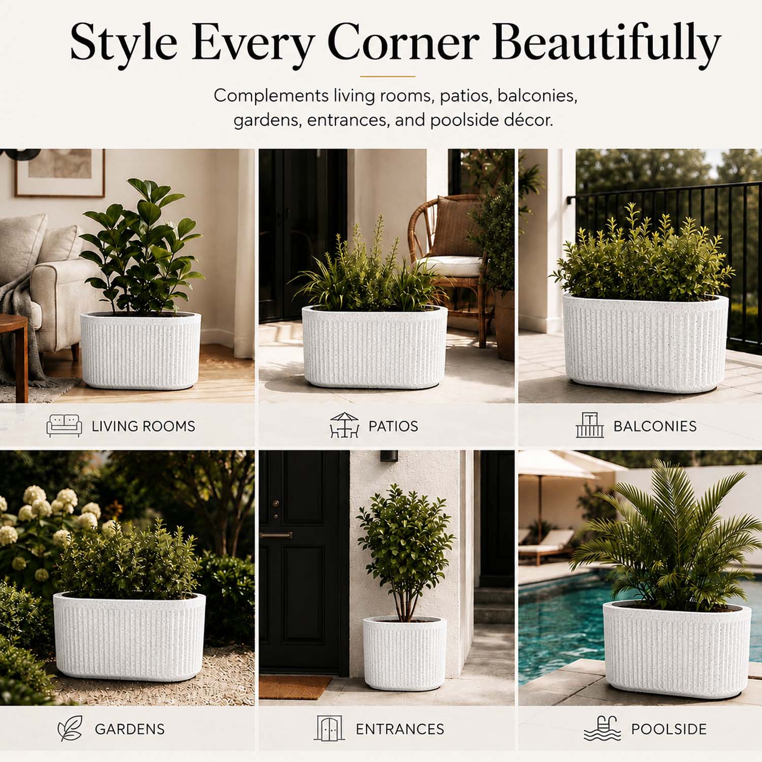 Go Hooked Large Oval Planter Pot (30x15) Inch | Aurelia Modern Ribbed Marble White Texture Finish | UV & Weather Resistant Decorative Floor Planter for Balcony, Patio, Terrace, Garden & Entrance
