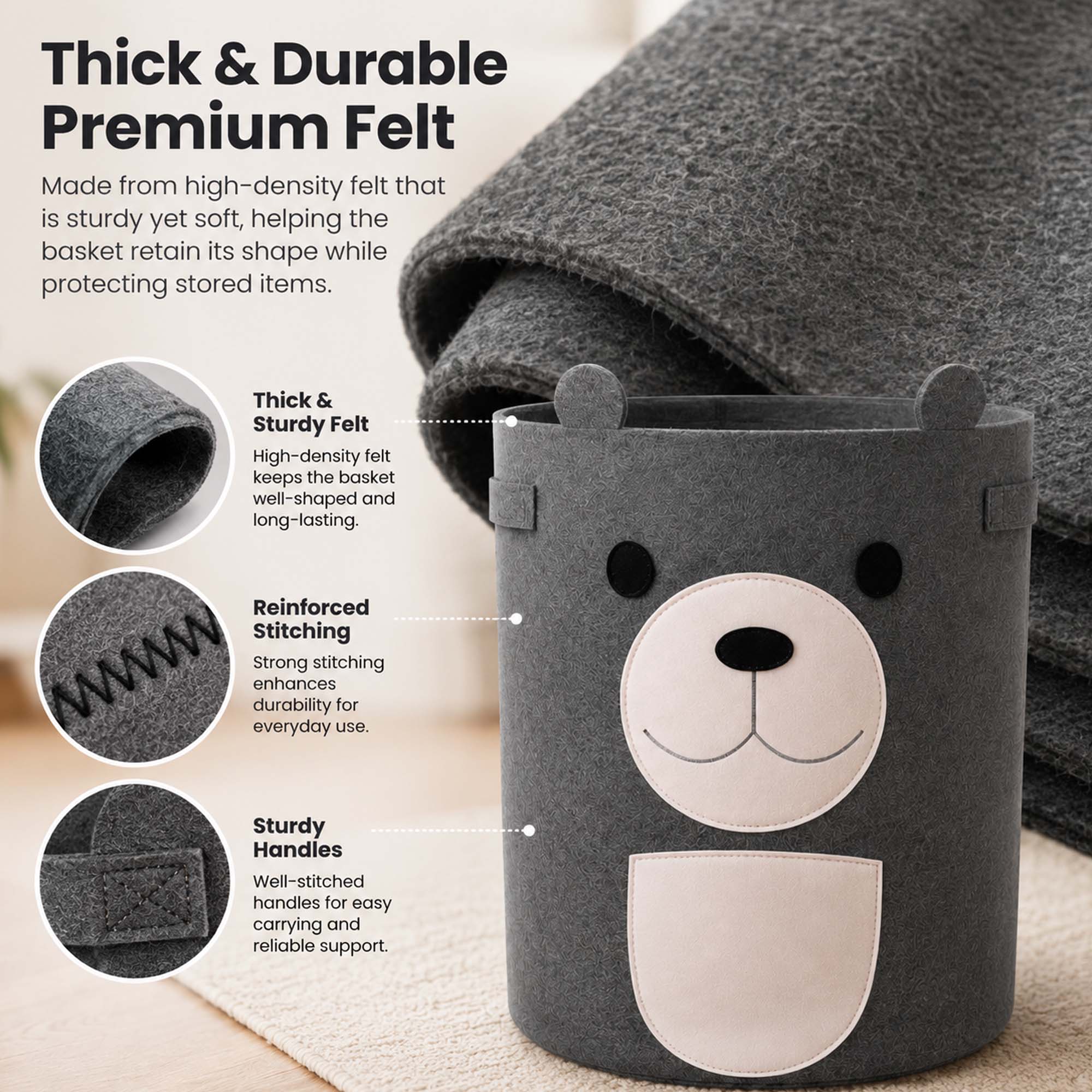 Go Hooked Felt Laundry Basket for Kids – Cute Bear Design | Large Toy Storage Basket for Baby Room | Nursery Organizer for Toys, Clothes & Blankets | Foldable Felt Storage Bin with Handles – Dark Grey