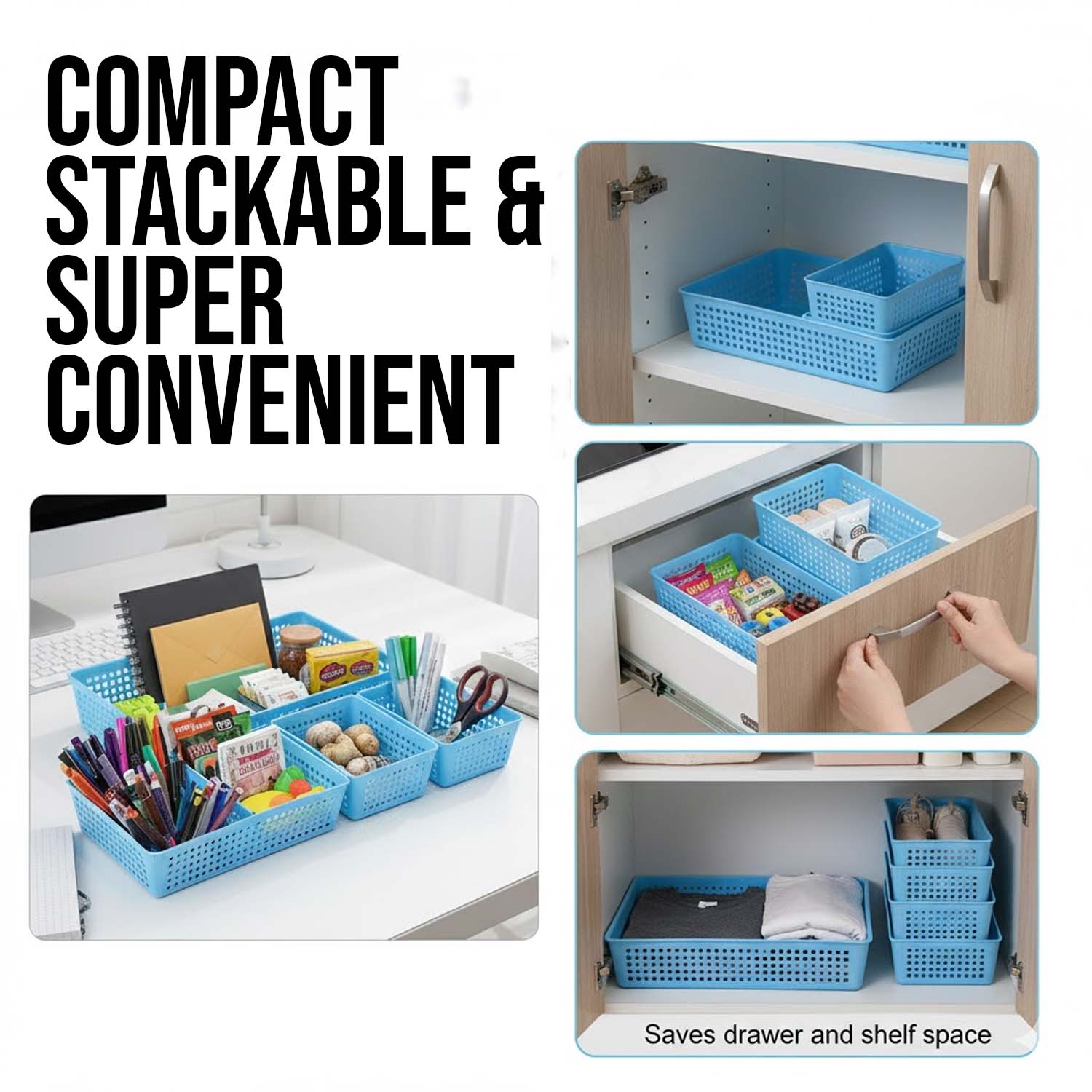 Go Hooked Multipurpose Plastic Storage Basket 4-Piece Set – Large, Medium & Small | Breathable, Durable Multipurpose Organizer Bins for Drawers, Shelves, Toys, Toiletries & Office Supplies – Blue