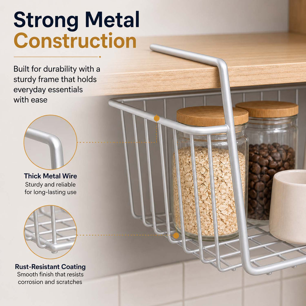 VIMIFORYOU Multipurpose 16 Inch Under Shelves Basket for Extra Cabinet Storage Undershelf Wire Basket For Kitchen, Bedroom, Study Room- Pack of 1 (Coated Iron, Silver)
