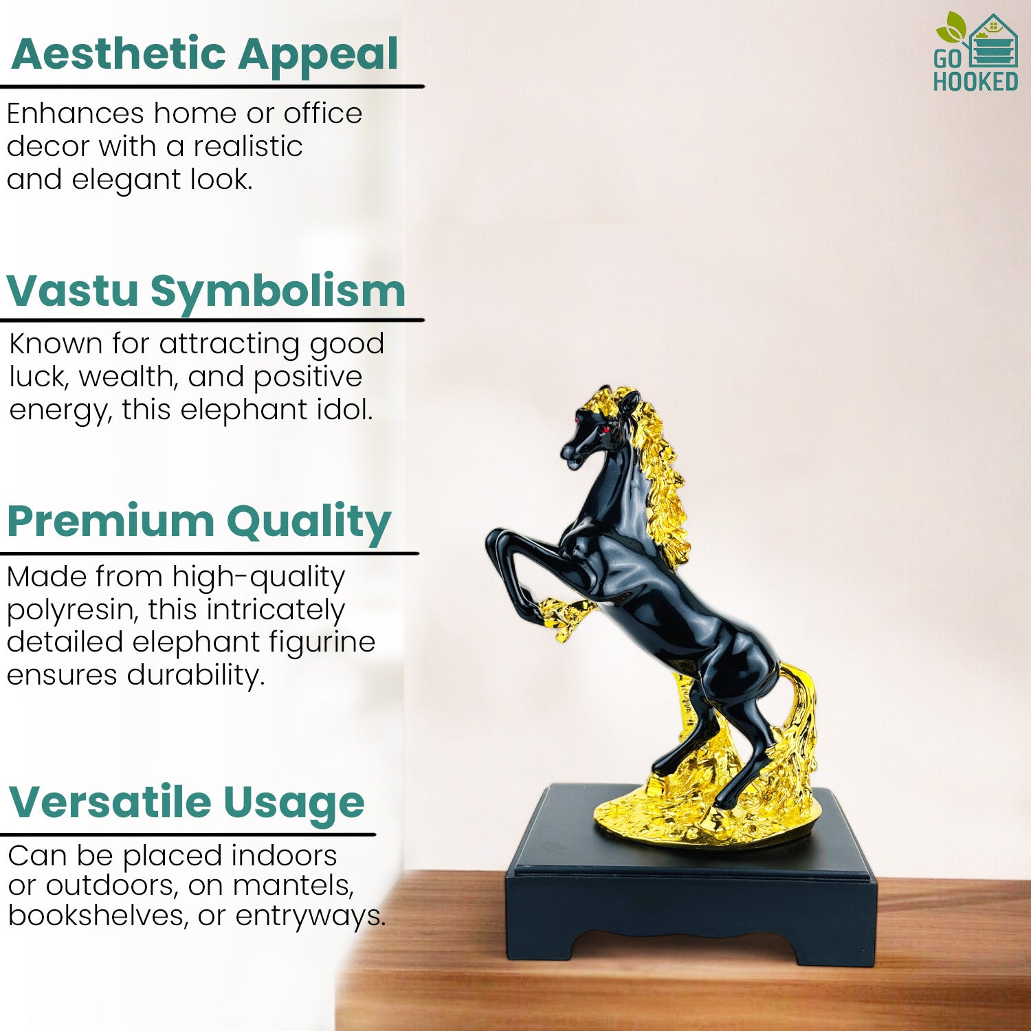 Go Hooked Rearing Horse Statue Feng Shui Victory & Success Polyresin Figurine with Gold Accents 30 Cm | Galloping Horse Vastu-Approved Stallion for Wealth, Career Growth Home Office Décor (Matt Black)