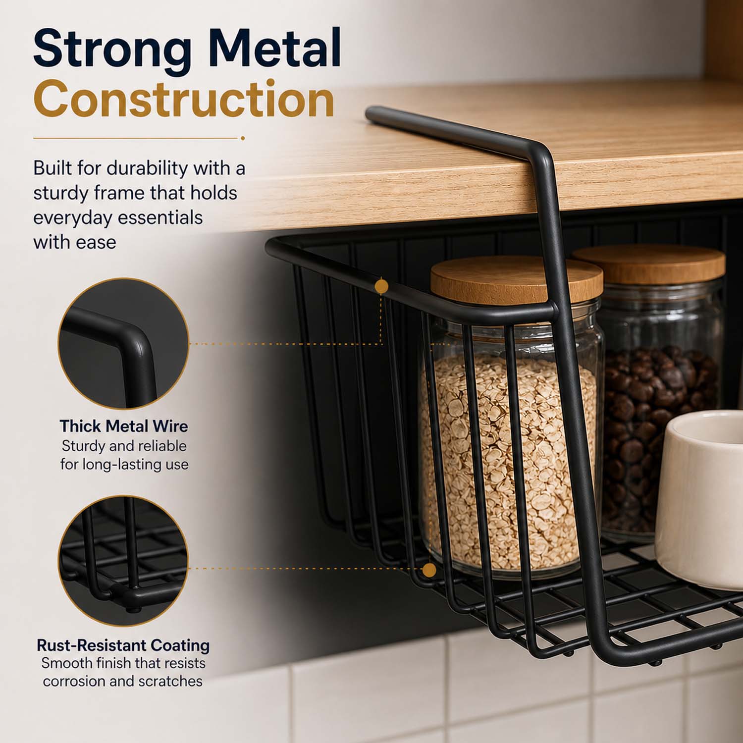 Go Hooked 16 Inch Undershelf Storage Basket | Multipurpose Under Shelf Organizer | Hanging Wire Basket for Cabinet, Shelf, Pantry, Cupboard, Closet, Desk, and Bathroom (Black)