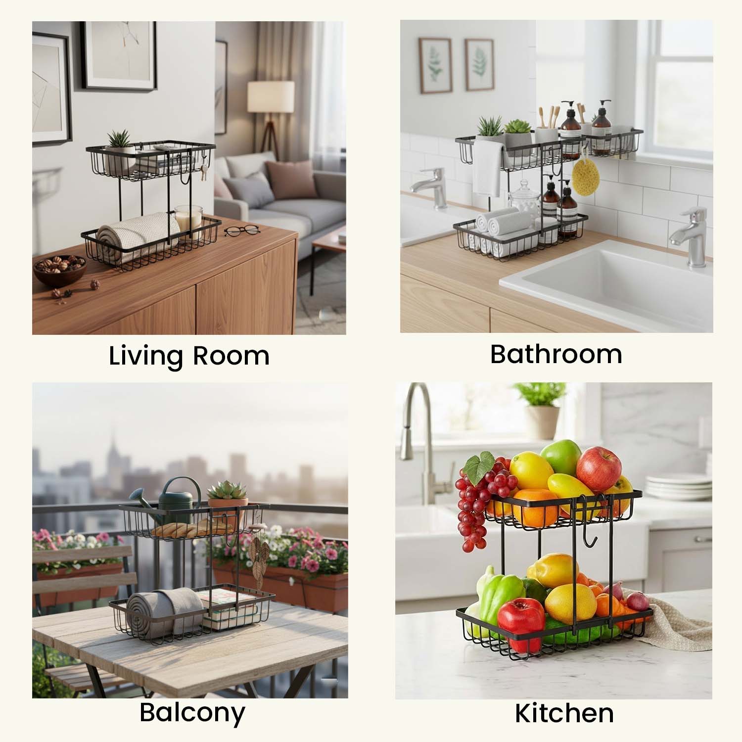 Go Hooked Countertop 2-Tier Fruit Basket for Display Table, Dining Table | Metal Fruit Bowl | Bread Basket Vegetables Storage Organizer Holder- (Black)
