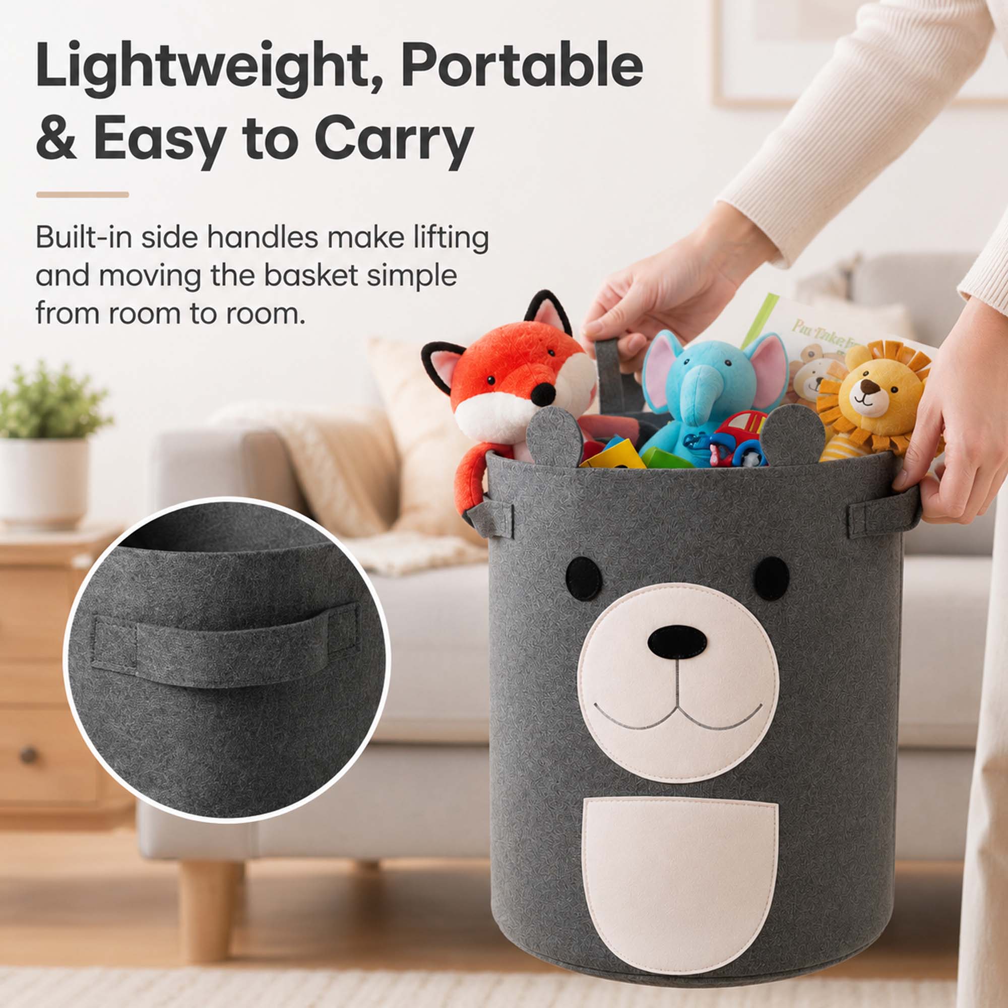 Go Hooked Felt Laundry Basket for Kids – Cute Bear Design | Large Toy Storage Basket for Baby Room | Nursery Organizer for Toys, Clothes & Blankets | Foldable Felt Storage Bin with Handles – Dark Grey
