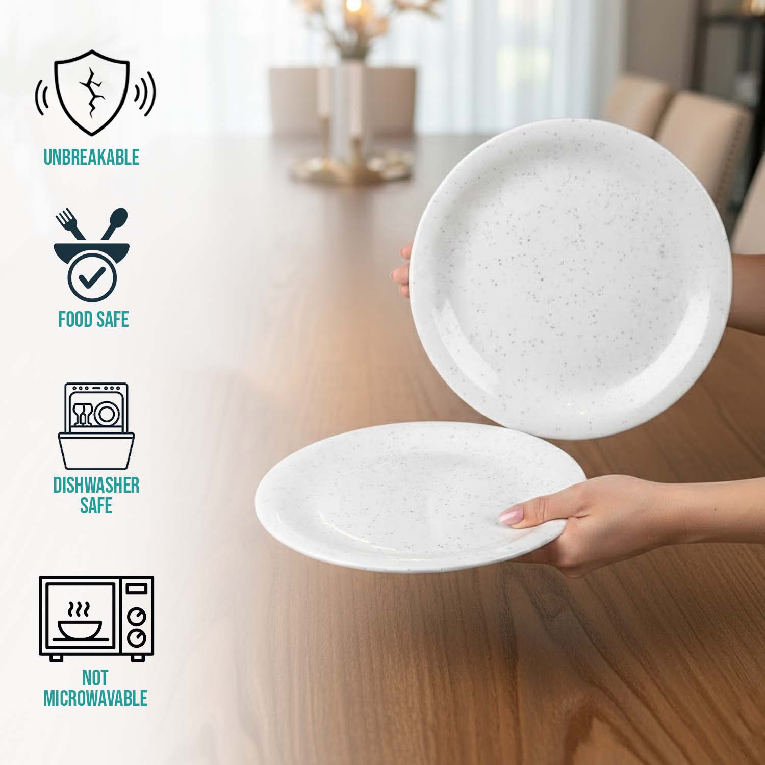 Go Hooked 16-Piece Melamine Dinner Set | Speckled White Crockery with 4 Full Plates, 4 Quarter Plates, 4 Soup Bowls, 1 Large & 2 Small Serving Bowls + Serving Spoon | Break-Resistant & Keeps Food Warm