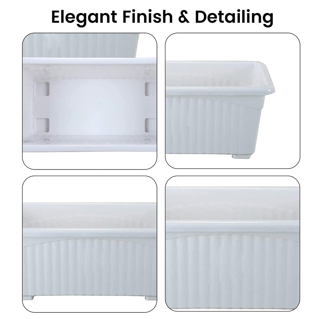 Go Hooked Rectangular Plastic Pots for Plants, Jupiter Flower Pots for Home, Window Display, Garden (Set of 5, White) (35 x 18.5 x 15 cm)