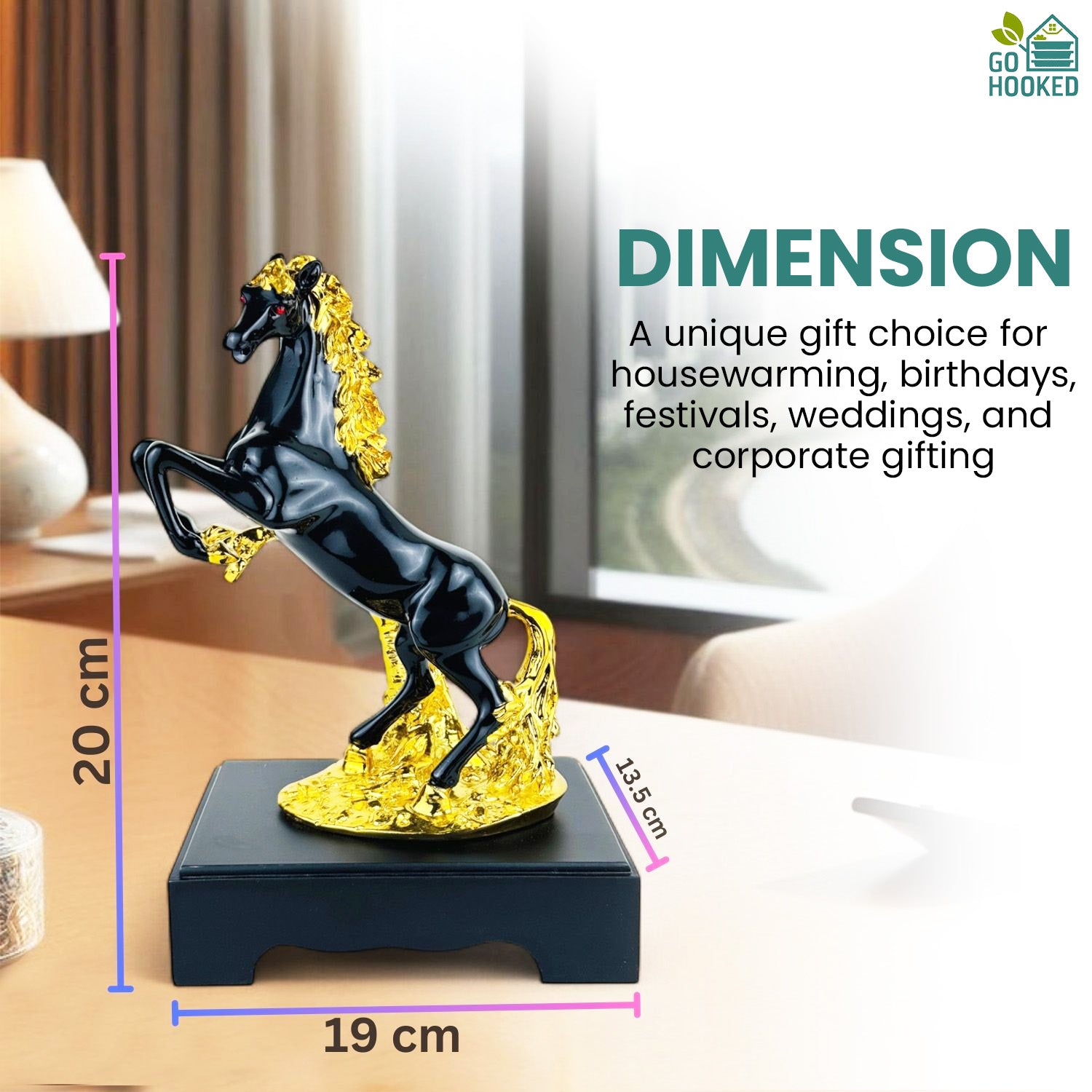 Go Hooked Rearing Horse Statue Feng Shui Victory & Success Polyresin Figurine with Gold Accents 30 Cm | Galloping Horse Vastu-Approved Stallion for Wealth, Career Growth Home Office Décor (Matt Black)