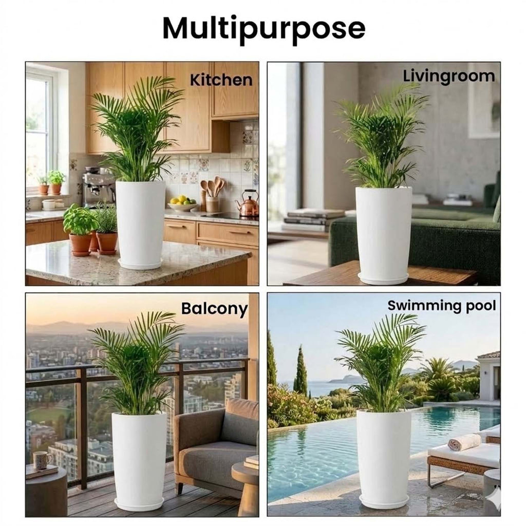 Go Hooked 18 Inch Tower Pots with Saucer Tray Planter - Lightweight, Durable Outdoor & Indoor Planters, Perfect for Balcony & Terrace Gardens (White, Pack of 5)