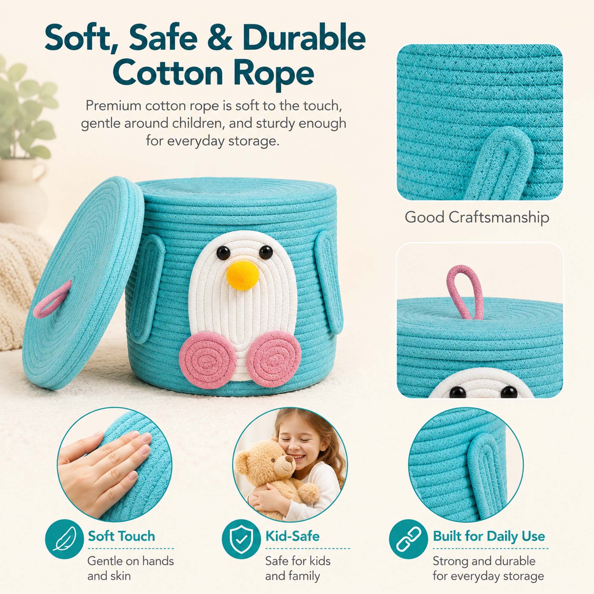 Go Hooked Cute Animal Face Rope Storage Basket with Lid for Kids | Premium Aqua Blue Cotton Rope Nursery Organizer for Toys, Baby Essentials, Bathroom & Home Décor | Soft & Durable Handcrafted Basket