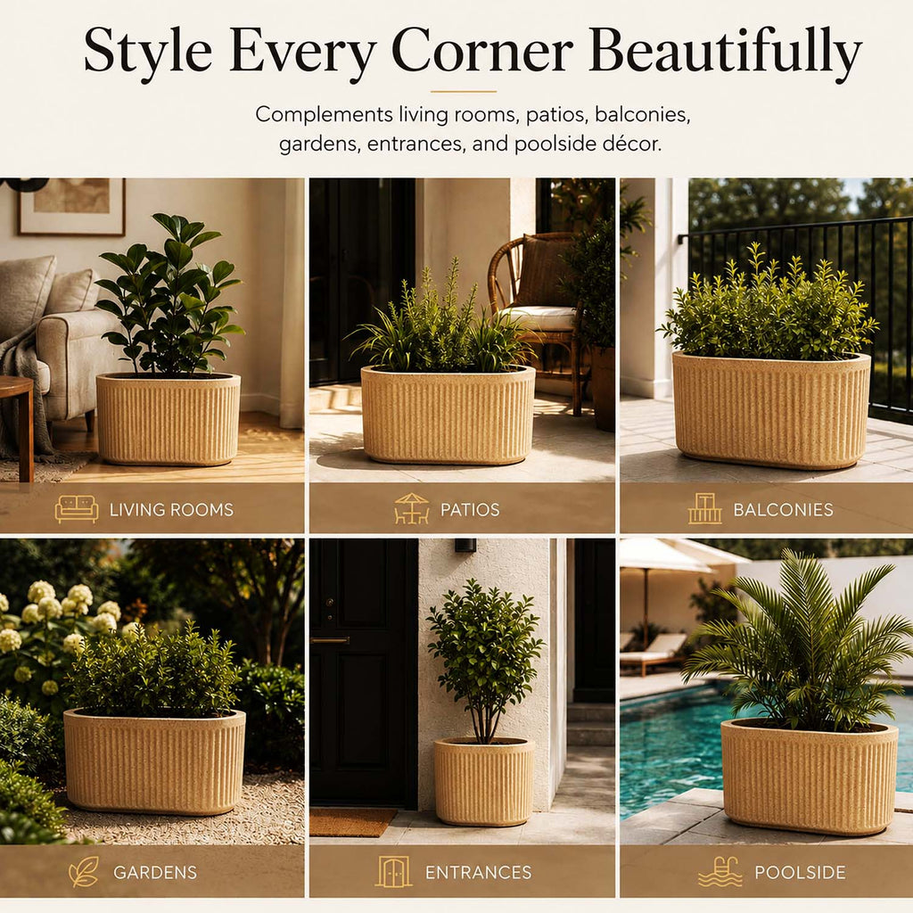 Go Hooked Large Oval Planter Pot (30x15) Inch | Aurelia Modern Ribbed Sandstone Texture Finish | UV & Weather Resistant Decorative Floor Planter for Balcony, Patio, Terrace, Garden & Entrance