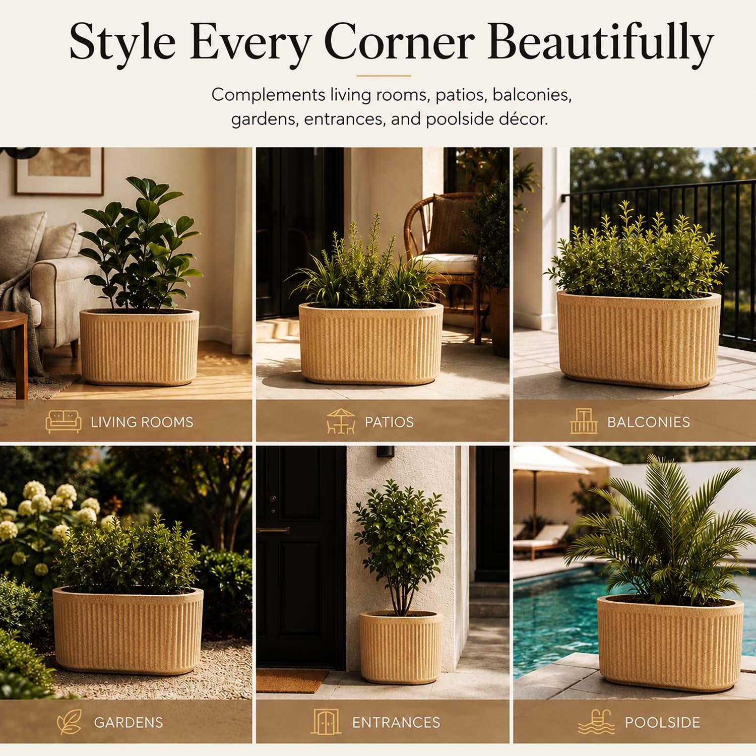 Go Hooked Large Oval Planter Pot (30x15) Inch | Aurelia Modern Ribbed Sandstone Texture Finish | UV & Weather Resistant Decorative Floor Planter for Balcony, Patio, Terrace, Garden & Entrance