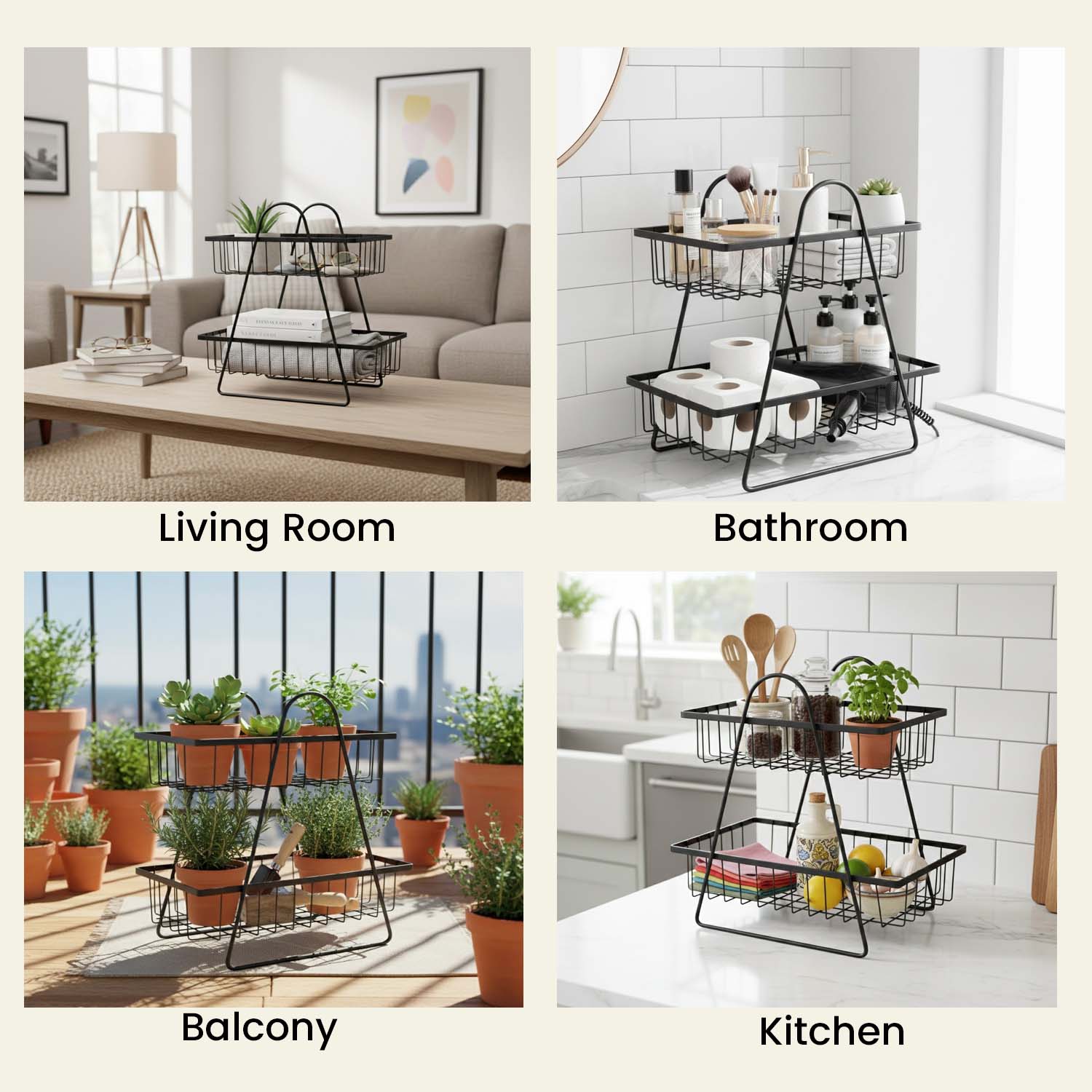 Go Hooked 2 Tier Metal Fruit Basket for Dining Table | Space Efficient Countertop Wire Storage Stand for Fruits, Vegetables & Bread | Strong Metal Vanity & Home Organizer with Compact Vertical Design