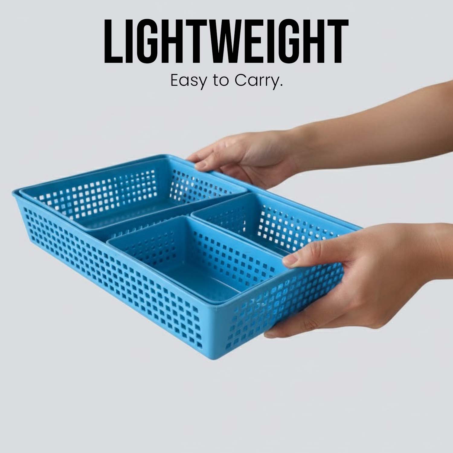 Go Hooked Multipurpose Plastic Storage Basket 4-Piece Set – Large, Medium & Small | Breathable, Durable Multipurpose Organizer Bins for Drawers, Shelves, Toys, Toiletries & Office Supplies – Blue