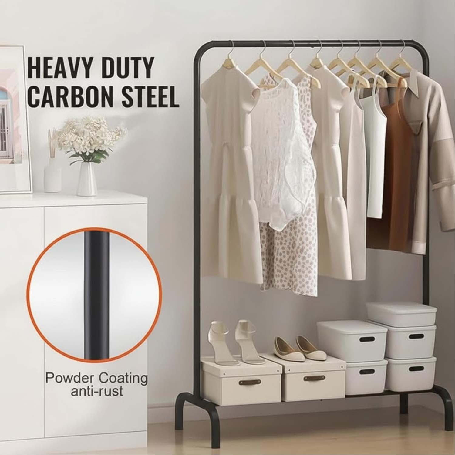 Go Hooked Heavy Duty Garment Rack for Clothes with Hooks & Bottom Shelf 57 Inch| Metal Clothing Stand for Bedroom, Hallway & Laundry | Portable Clothes Organizer Rack