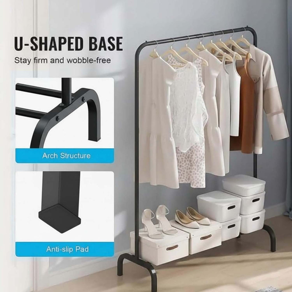 Go Hooked Heavy Duty Garment Rack for Clothes with Hooks & Bottom Shelf 57 Inch| Metal Clothing Stand for Bedroom, Hallway & Laundry | Portable Clothes Organizer Rack