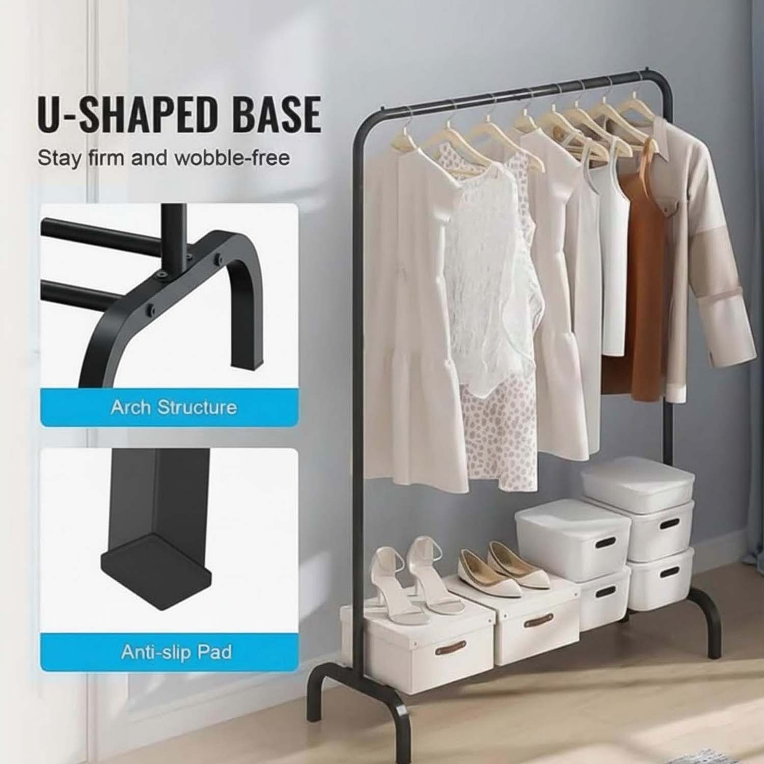 Go Hooked Freestanding Clothes Hanging Rack with Bottom Storage Shelf | Metal Garment Stand for Bedroom, Dressing Room & Entryway | Rounded Frame Design (Black, L114.5 x W40.5 x H146 cm)