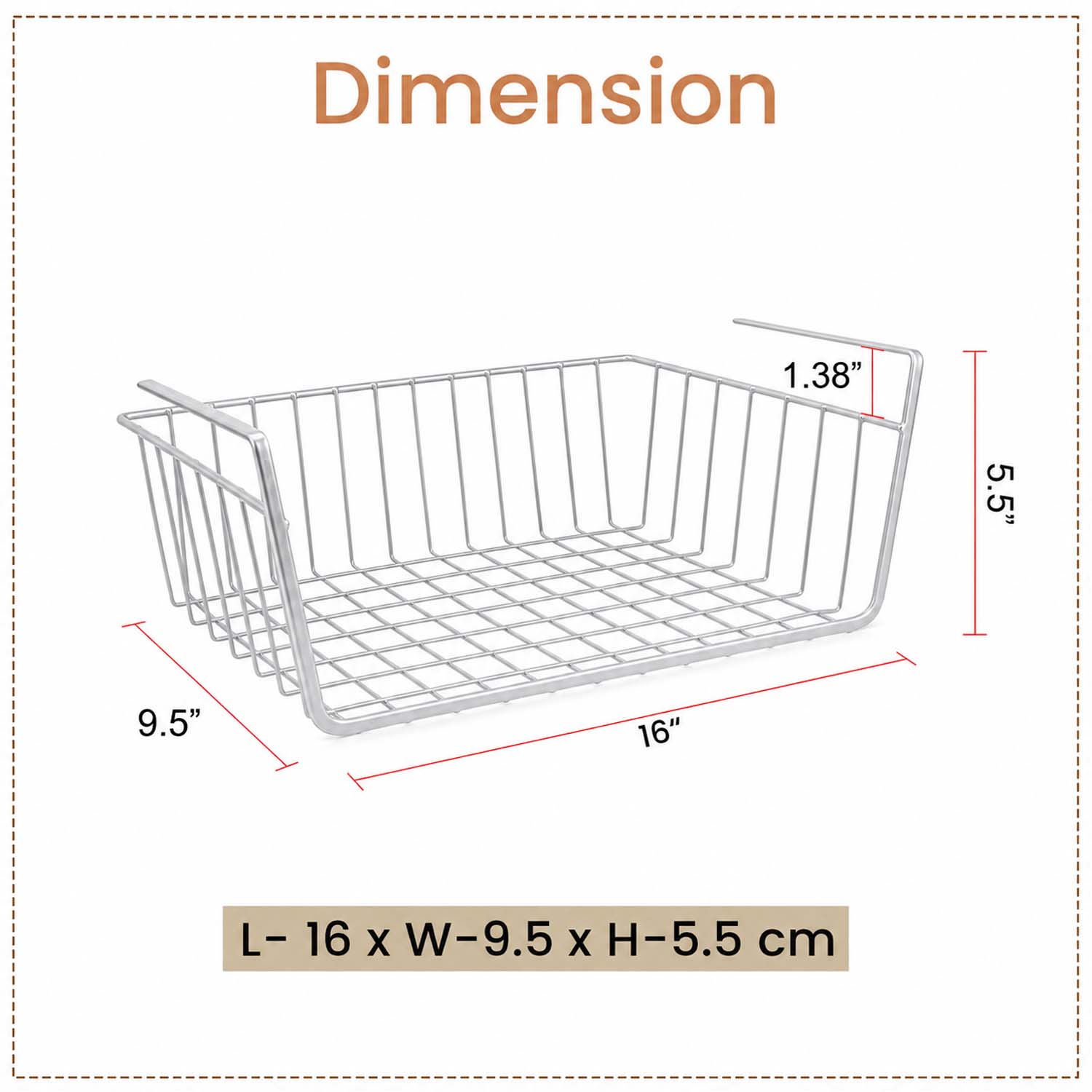 VIMIFORYOU Multipurpose 16 Inch Under Shelves Basket for Extra Cabinet Storage Undershelf Wire Basket For Kitchen, Bedroom, Study Room- Pack of 1 (Coated Iron, Silver)