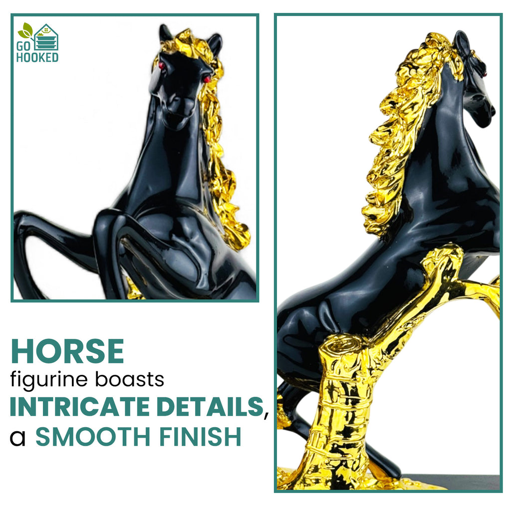 Go Hooked Rearing Horse Statue Feng Shui Victory & Success Polyresin Figurine with Gold Accents 30 Cm | Galloping Horse Vastu-Approved Stallion for Wealth, Career Growth Home Office Décor (Matt Black)
