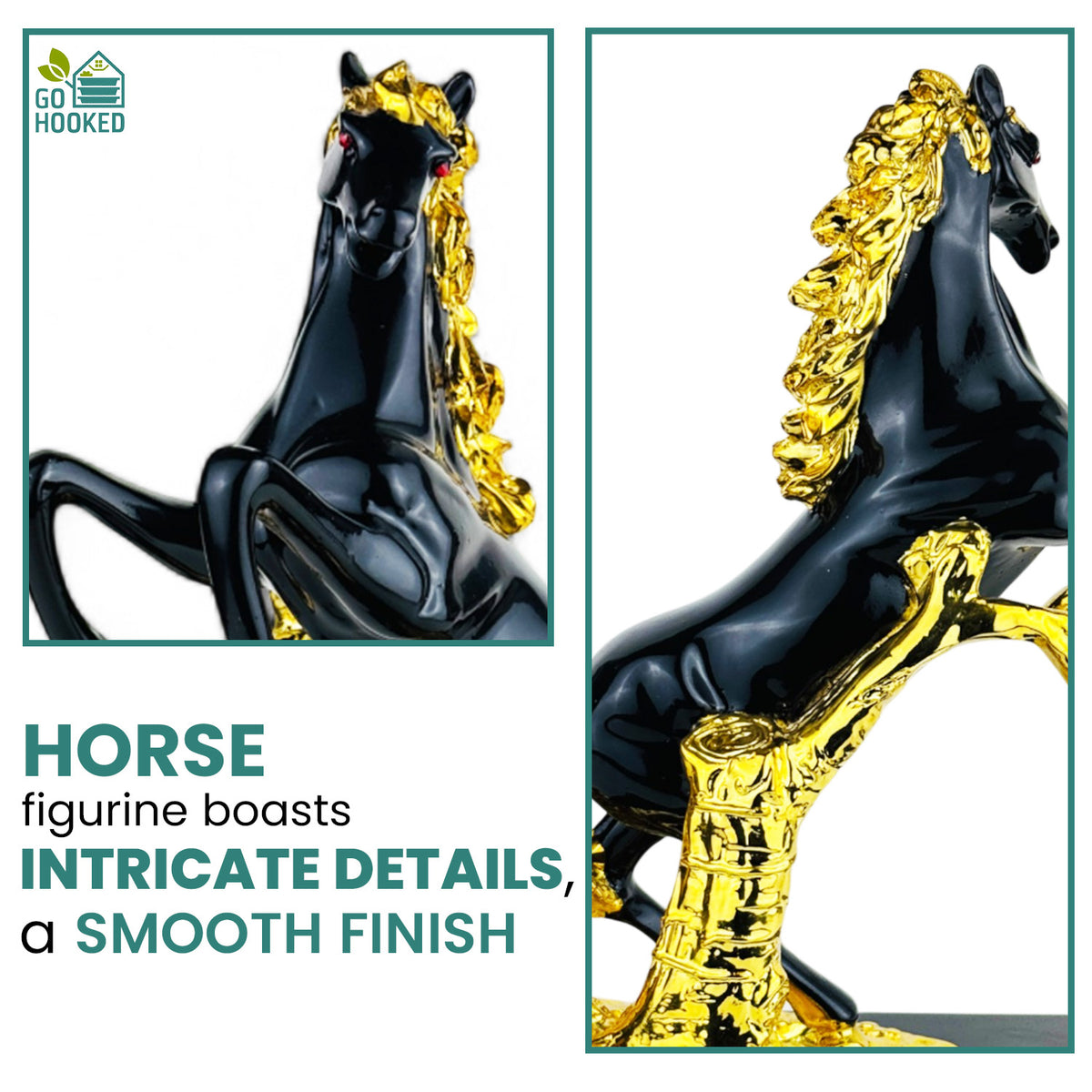 Go Hooked Rearing Horse Statue Feng Shui Victory & Success Polyresin Figurine with Gold Accents 30 Cm | Galloping Horse Vastu-Approved Stallion for Wealth, Career Growth Home Office Décor (Matt Black)