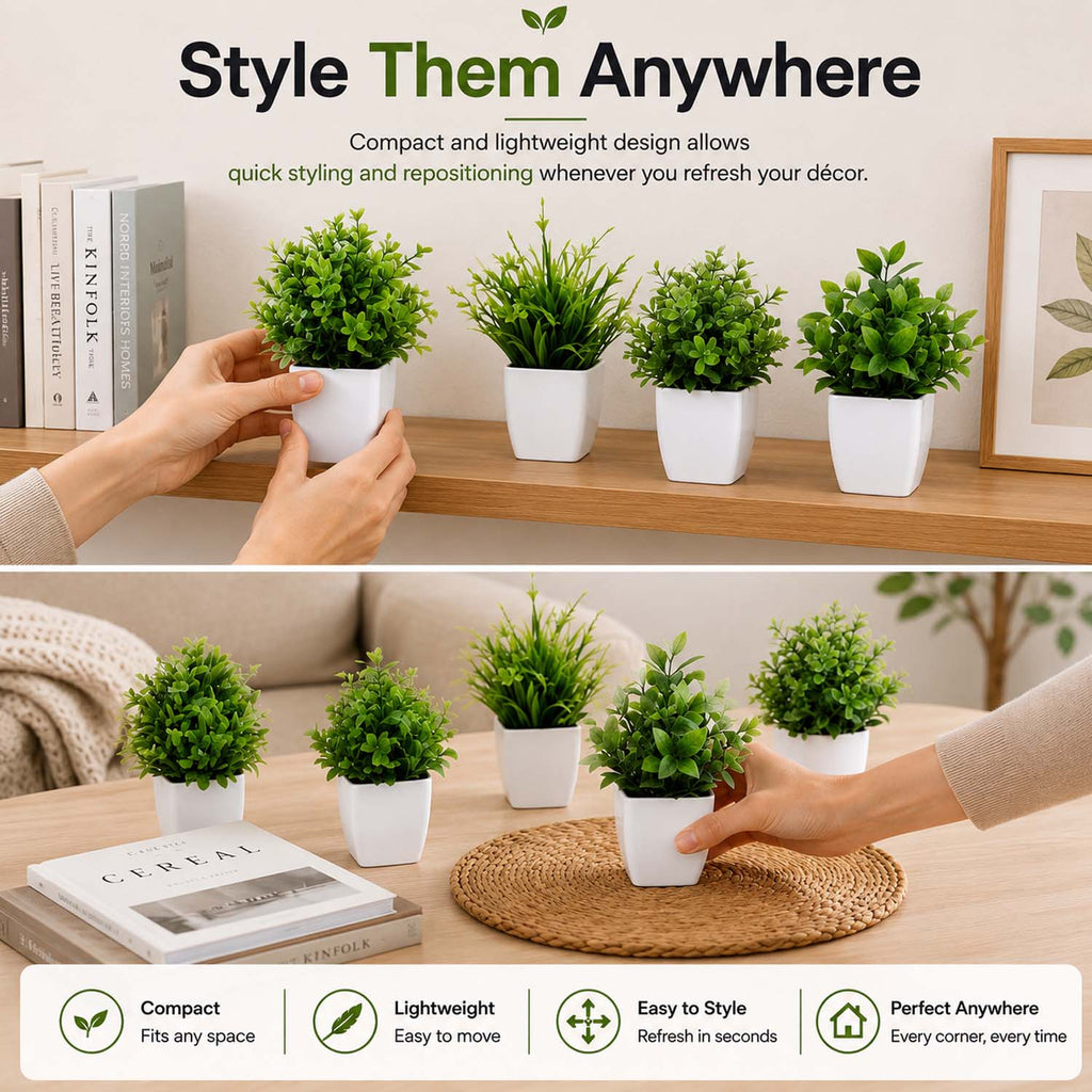 Go Hooked Artificial Plants Small, Mini Artificial Plants Indoor for Home Farmhouse Bathroom Shelf Décor Height 17CM Green and White 9 (Design May Vary)