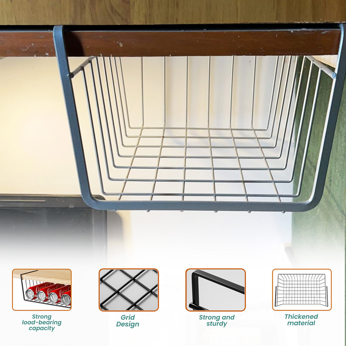 Go Hooked 12 Inch Undershelf Storage Basket Pack of 3 | Multipurpose Under Shelf Organizer | Hanging Wire Basket for Cabinet, Shelf, Pantry, Cupboard, Closet, Desk, and Bathroom (White)