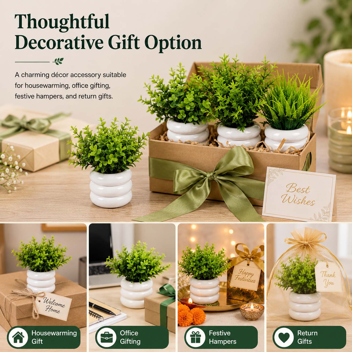 Bianco Artificial Mini Plant (7 Pack) | Small Faux Plants Home & Office Decor, Living Room, Bedroom, Tabletop & Shelves | Small Potted Plants | Stylish Round Pot