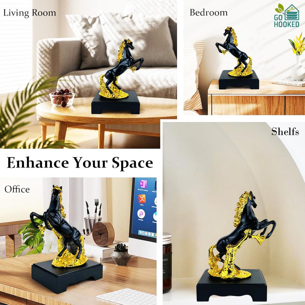 Go Hooked Rearing Horse Statue Feng Shui Victory & Success Polyresin Figurine with Gold Accents 30 Cm | Galloping Horse Vastu-Approved Stallion for Wealth, Career Growth Home Office Décor (Matt Black)