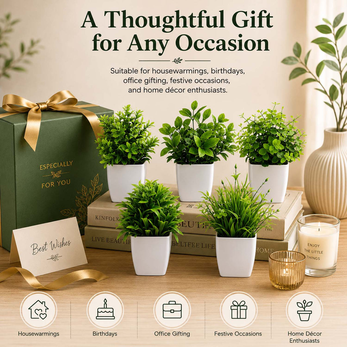 Go Hooked Artificial Plants Small, Mini Artificial Plants Indoor for Home Farmhouse Bathroom Shelf Décor Height 17CM Green and White 6 (Design May Vary)