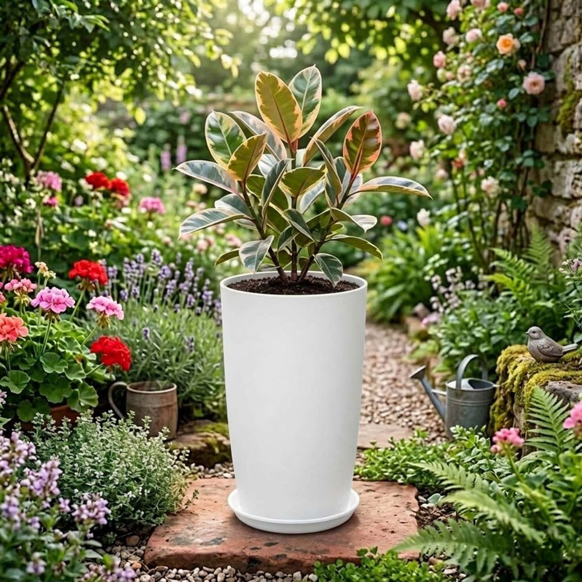 Go Hooked 18 Inch Tower Pots with Saucer Tray Planter - Lightweight, Durable Outdoor & Indoor Planters, Perfect for Balcony & Terrace Gardens (White, Pack of 5)