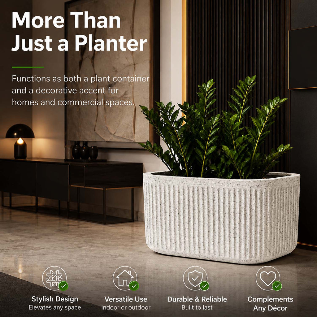 Go Hooked Large Oval Planter Pot (24x12) Inch | Aurelia Modern Ribbed Marble White Texture Finish | UV & Weather Resistant Decorative Floor Planter for Balcony, Patio, Terrace, Garden & Entrance