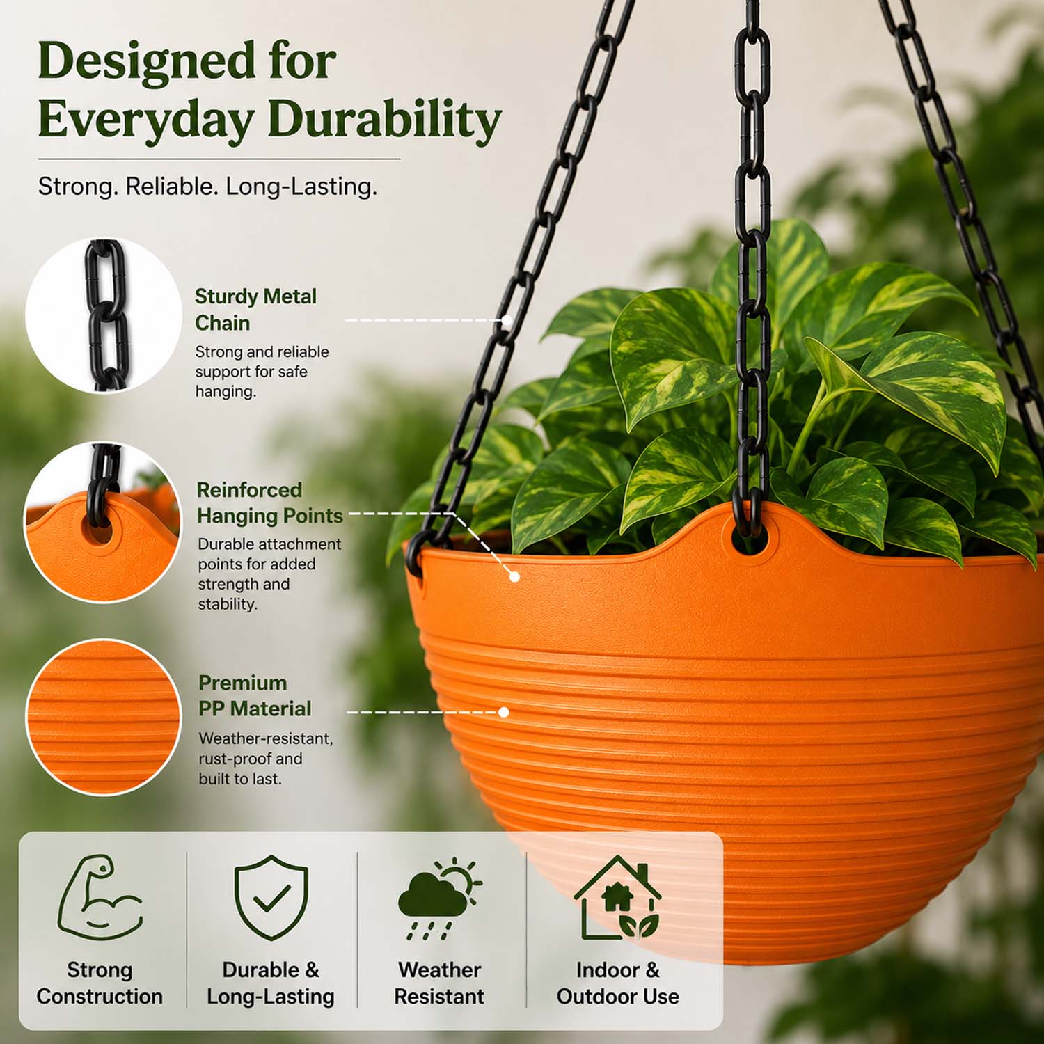ViMe Plastic Marvel Hanging Pots, Hanging Planters with Metal Hanging Chain - Pack of 3 (7.3 Inch)
