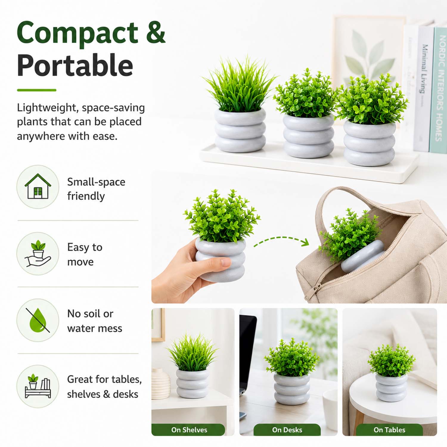 Bianco Artificial Mini Plant (7 Pack) | Small Faux Plants Home & Office Decor, Living Room, Bedroom, Tabletop & Shelves | Small Potted Plants | Stylish Round Pot