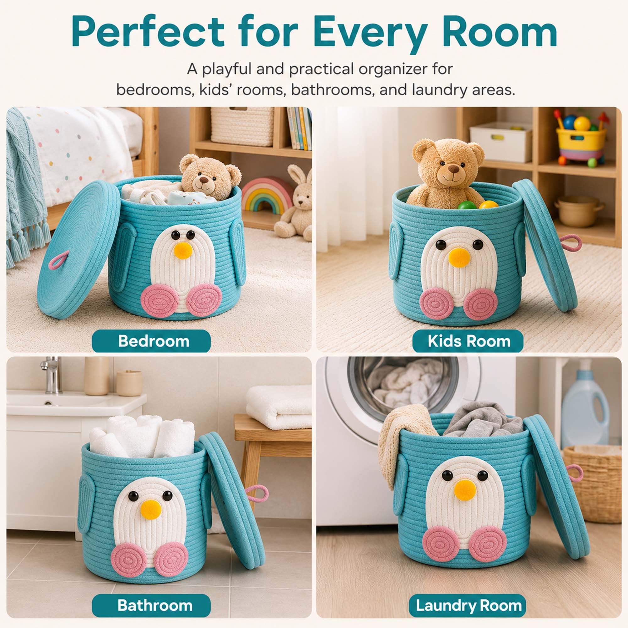 Go Hooked Cute Animal Face Rope Storage Basket with Lid for Kids | Premium Aqua Blue Cotton Rope Nursery Organizer for Toys, Baby Essentials, Bathroom & Home Décor | Soft & Durable Handcrafted Basket