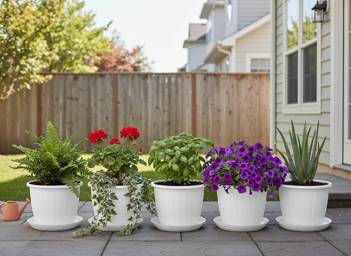 Bianco 10-inch white plastic planters with trays, perfect for indoor/outdoor gardening. Set of 5.