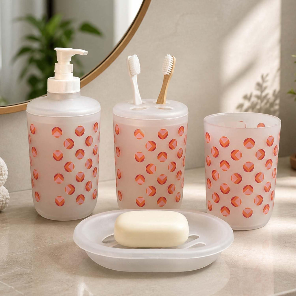 Go Hooked grey plastic bathroom set with heart pattern, includes soap dispenser, toothbrush holder, tumbler, and soap dish.
