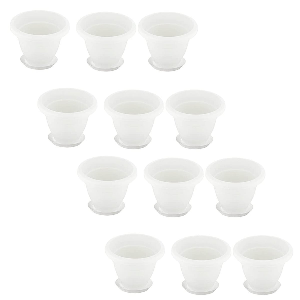 GoHooked 10 inch white plastic flower pots with matching bottom trays, pack of 12. Lightweight and reusable for indoor or outdoor plants.