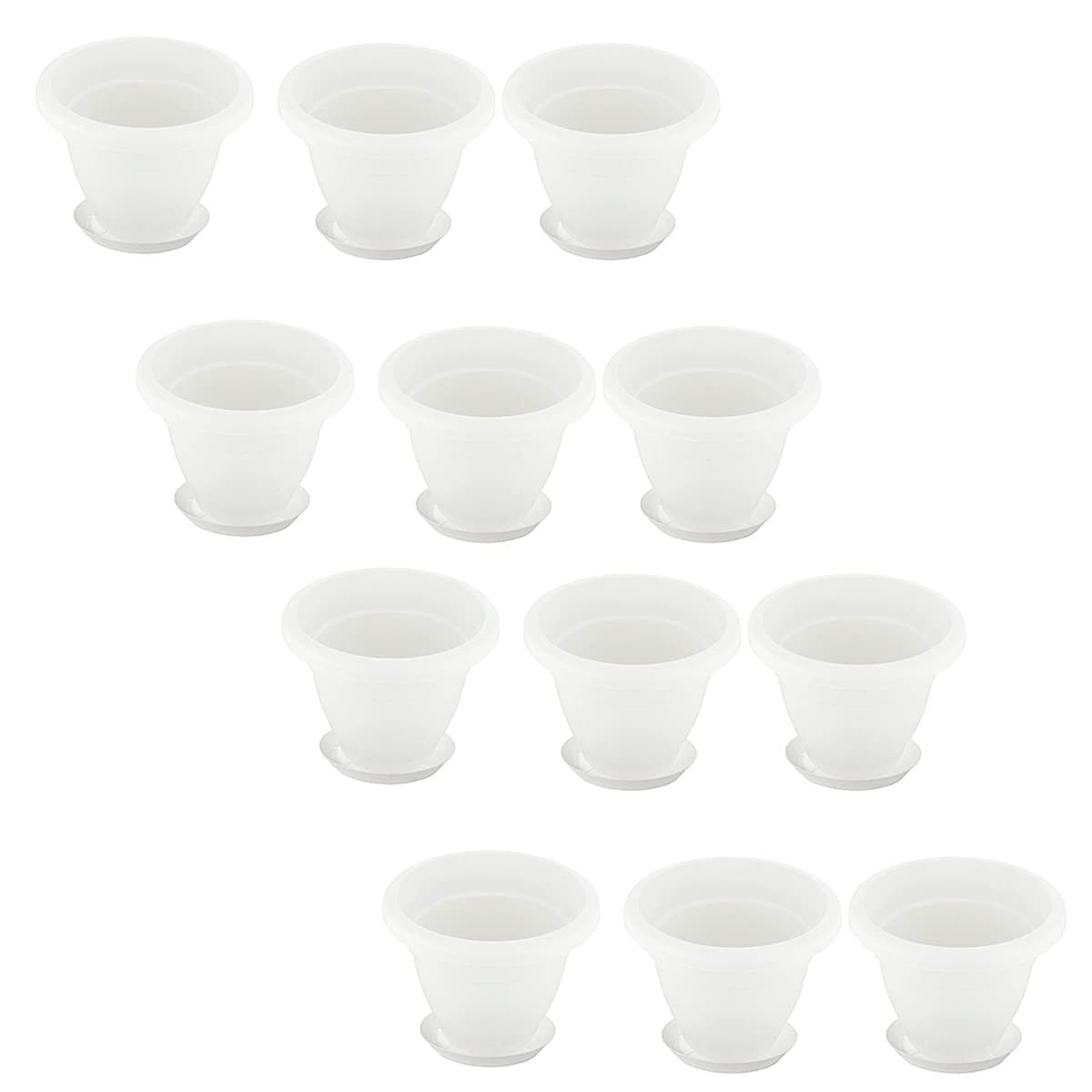 GoHooked 10 inch white plastic flower pots with matching bottom trays, pack of 12. Lightweight and reusable for indoor or outdoor plants.