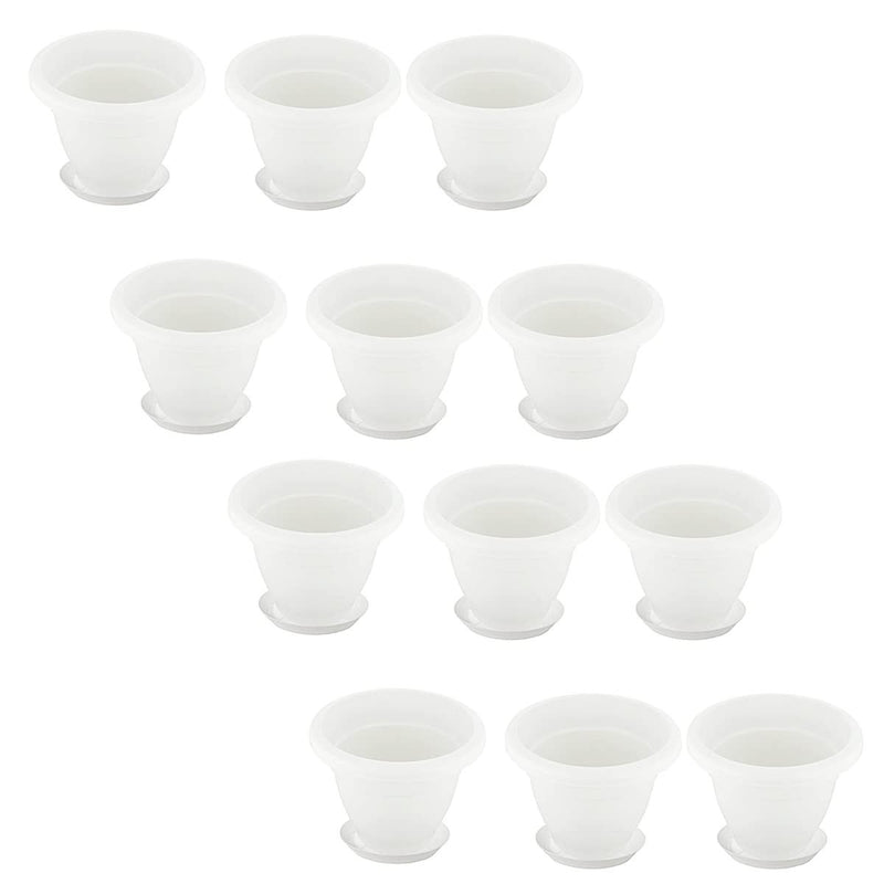 GoHooked 10 inch white plastic flower pots with matching bottom trays, pack of 12. Lightweight and reusable for indoor or outdoor plants.