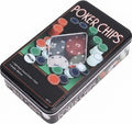 GoHooked 100 dual-toned poker chips in a tin case with dealer button. Multicolor chips.