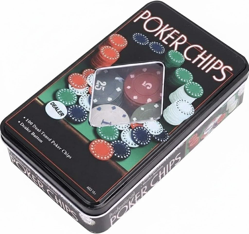 GoHooked 100 dual-toned poker chips in a tin case with dealer button. Multicolor chips.