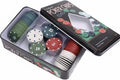 GoHooked 100-piece poker chip set in a tin case with dual-toned chips in red, green, blue, and white.