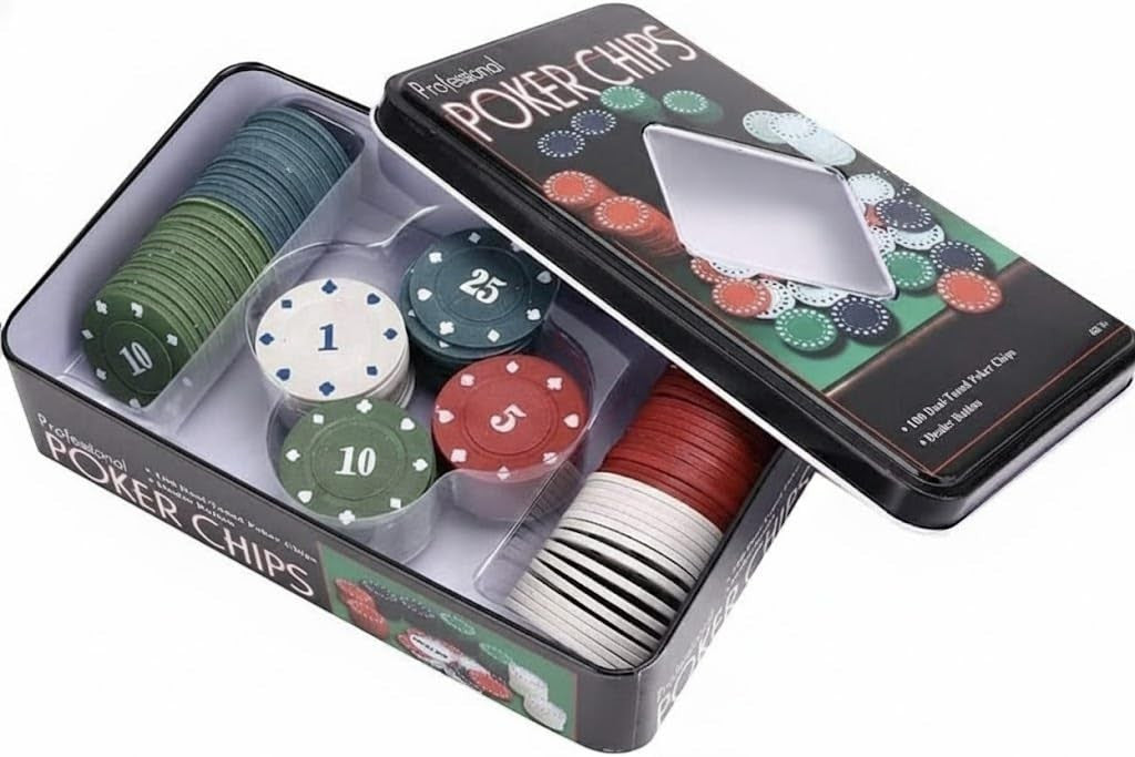 GoHooked 100-piece poker chip set in a tin case with dual-toned chips in red, green, blue, and white.