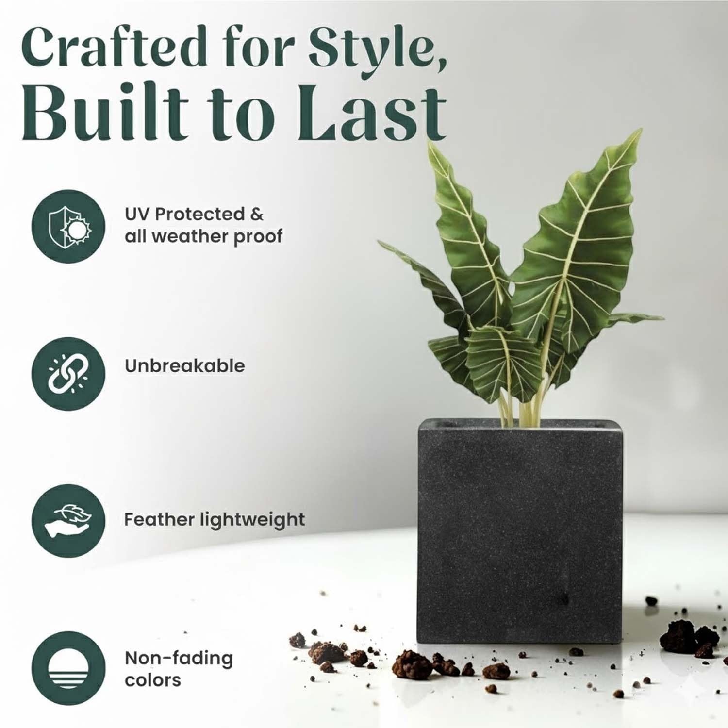 GoHooked 12-inch black polymer cube planter for plants, UV resistant, unbreakable, lightweight, and non-fading.