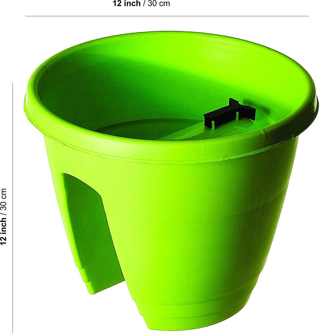 GoHooked 12-inch bright green plastic railing planter, rust-resistant, ideal for balconies.
