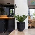 GoHooked 12 inch round grey polymer plant pot with textured finish, holding a green plant.
