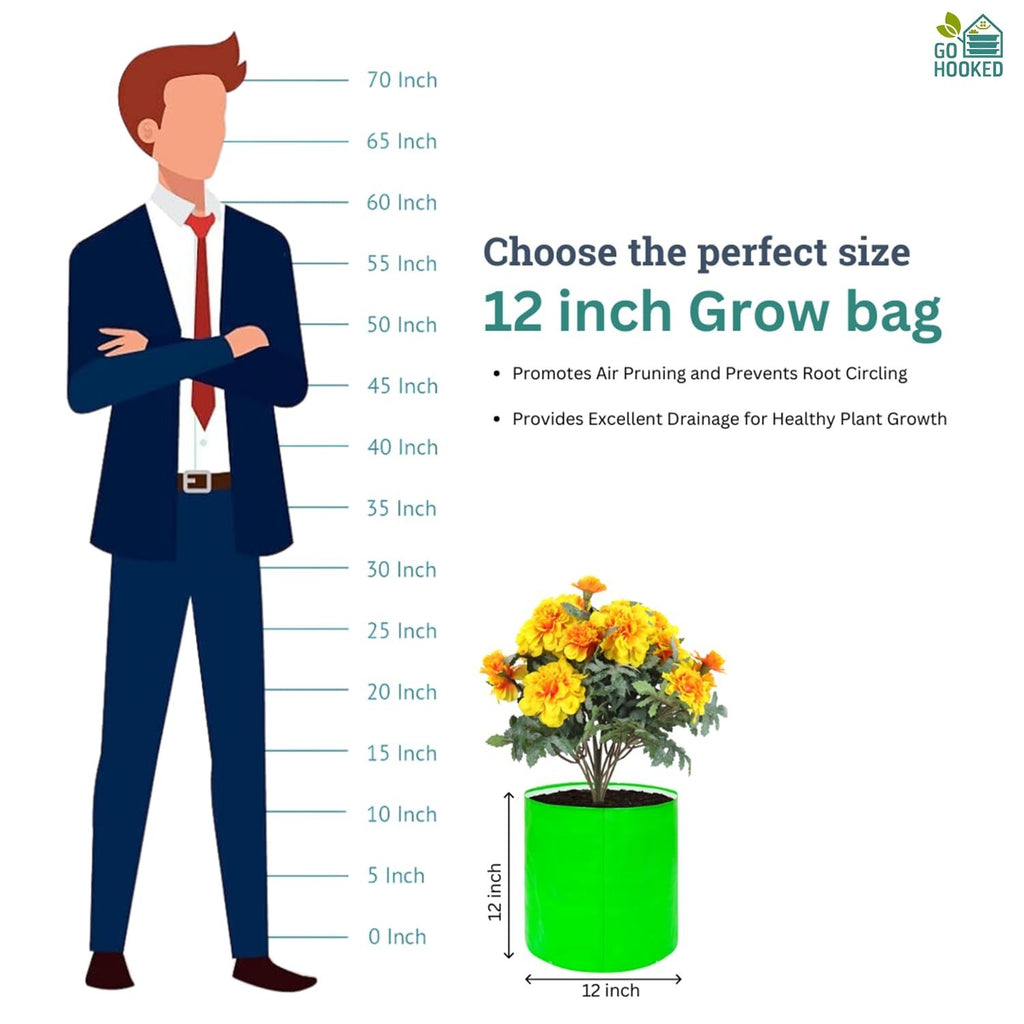 GoHooked 12-inch green heavy-duty grow bag with marigold flowers, illustrating size comparison to a man.