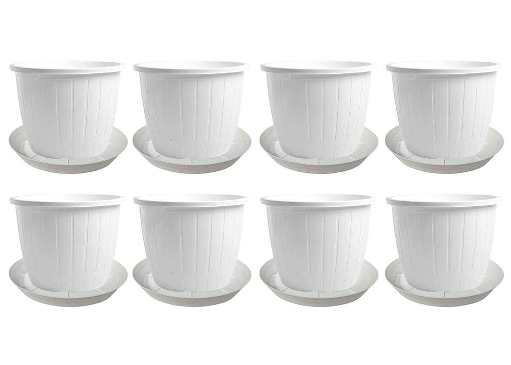 GoHooked Pack of 12 white plastic plant pots with saucers, 10-inch diameter, 8-inch height, ribbed design.