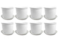 GoHooked Pack of 12 white plastic plant pots with saucers, 10-inch diameter, 8-inch height, ribbed design.