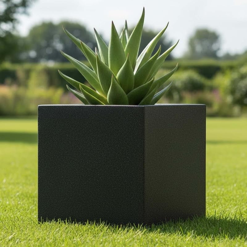 Go Hooked 15-inch black polymer cube planter with a succulent plant, perfect for outdoor gardening.