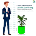 GoHooked 15-inch green heavy-duty grow bag with a plant, shown next to a man for scale. Promotes air drainage.